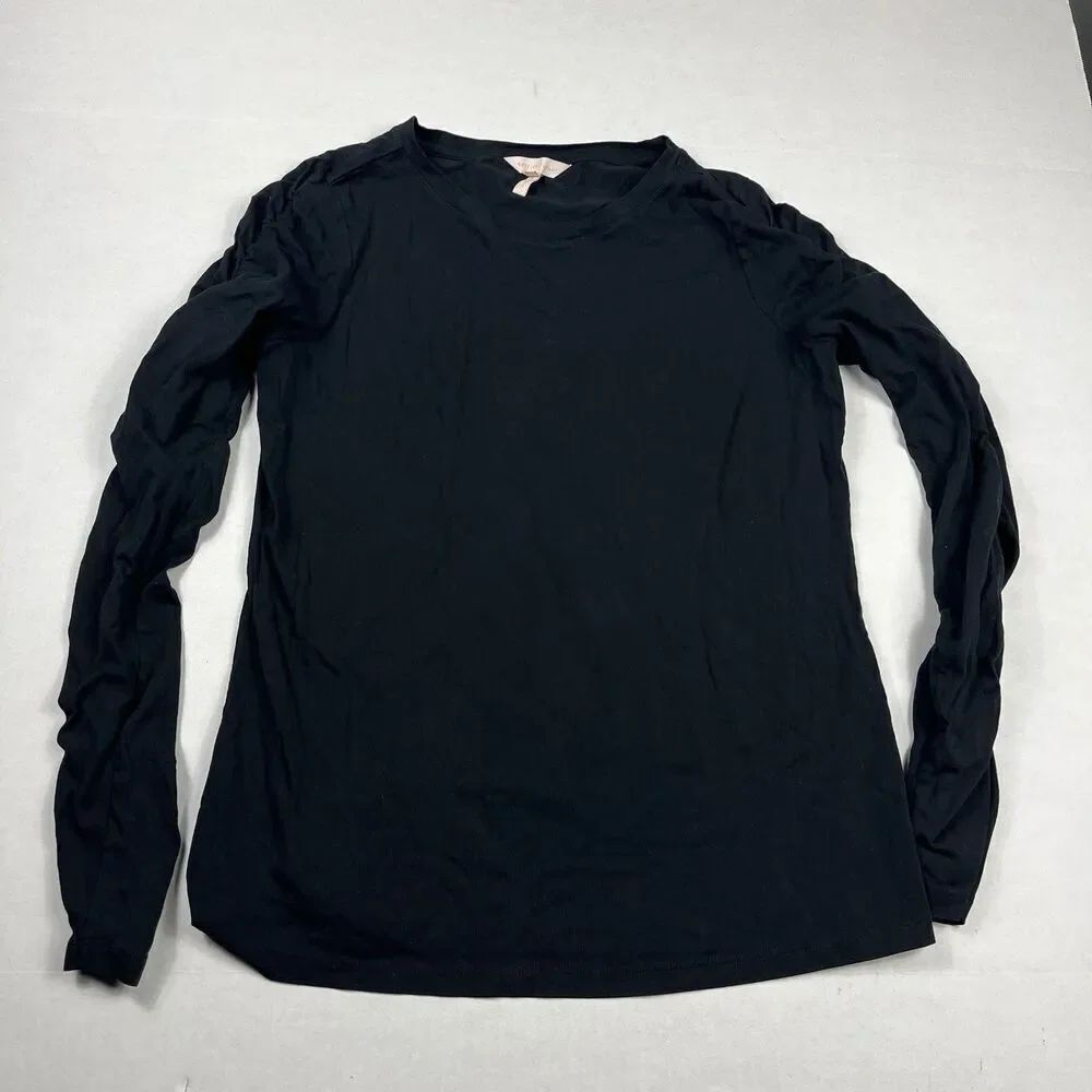 Rebecca Taylor Shirt Black Ruched Long Sleeve Minimalist Casual Cotton Top SMALL